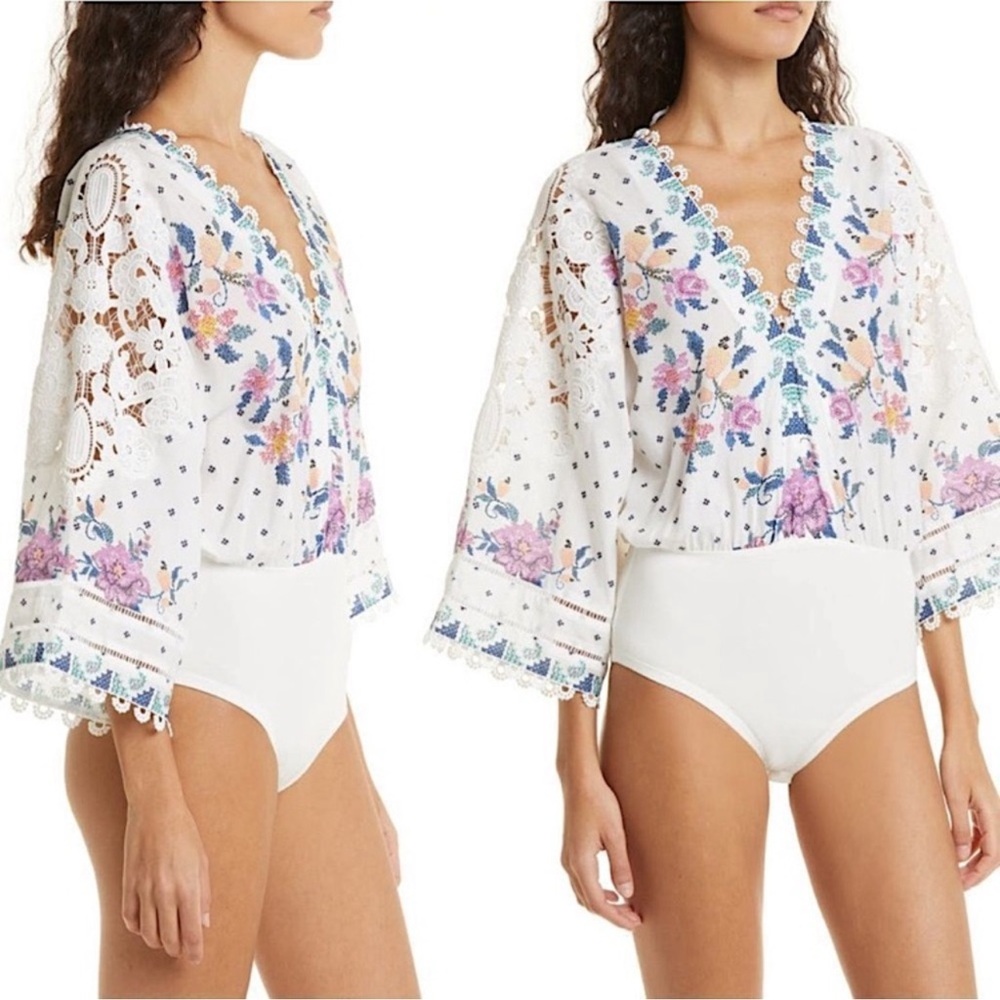 FARM RIO Rare Romantic Bandanas Floral Print Lace Dolman Sleeve Bodysuit Medium